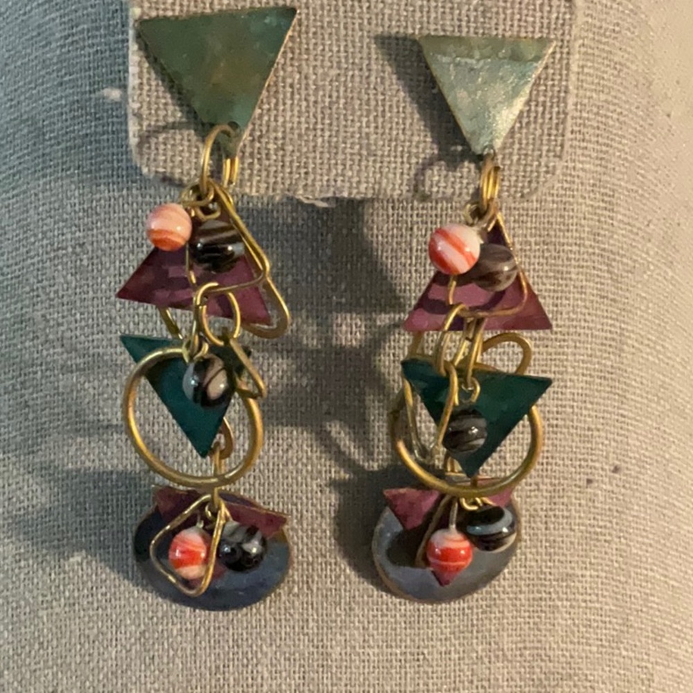 Mixed Metal Stud Pierced Earrings Jewel Tones Glass Beads Quartz Vintage